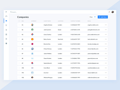 Client List add client client company crm dashboard data details flat list table ui ux