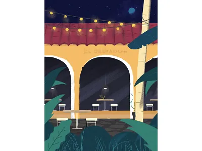 Patio by night el salvador evening hotel illustration lights moon night patio terrace