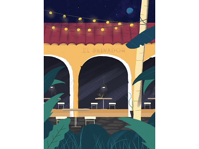 Patio by night el salvador evening hotel illustration lights moon night patio terrace