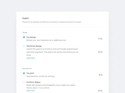 Export blue card export list modal options radio settings single select table white