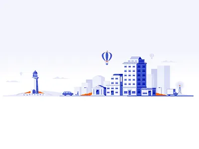 Blue Cityscape bank building buildings car city lighthouse people scape