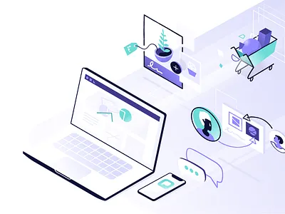 Marketing Tech 3d illustrator isometric laptop marketing purple shopify