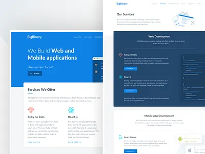 BigBinary Website Redesign app applications bigbinary clean design flat icon illustration landing minimal redesign ruby typography ui ux vector vlockn web web development website