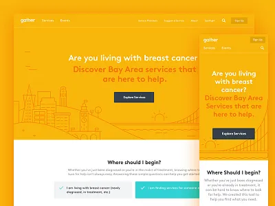 Gather Website breast cancer color community events healthcare help illustration pop services support website