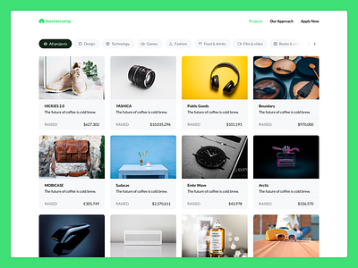 Backercamp - Projects cards crowdfunding desktop filters green grid significa ui ux
