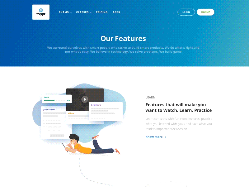 Our Features @Toppr about us e learning education experience features marketing ui