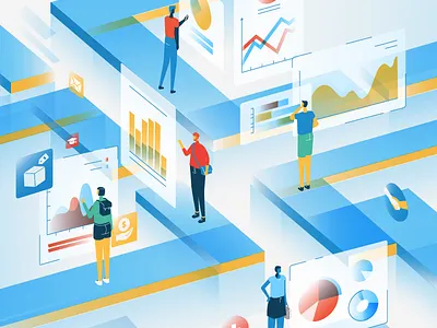 Virtual space characters charts connected digital futuristic graphs people perspective tech virtual