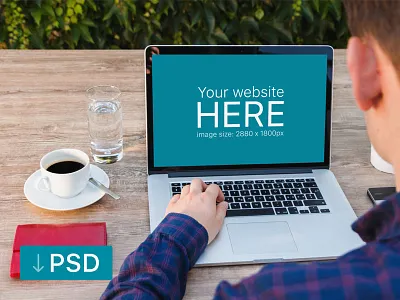 Macbook Mockup And Young Man With Blue Shirt apple free high resolution macbook mock up mockup photorealistic photoshop psd workspace