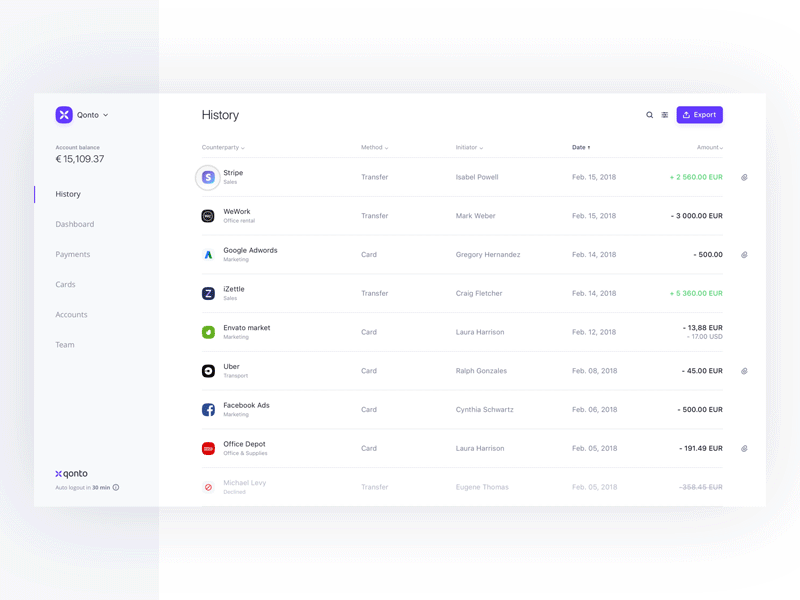New Qonto Navigation Bar banking data navigation product design qonto switch account table ui ux