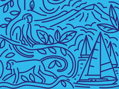 Nevis ape boat branch clouds leaves line monkey mountain pattern sailing vines water