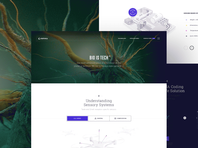 Koniku® — Technology Page agriculture art direction health illustrations industry market military neuron presentation security technology wireframes