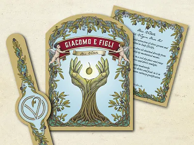 Set of labels for a high quality olive oil of Giacomo & Figli artisan hand drawn label label design liquid gold oil olive spiritual tree vintage