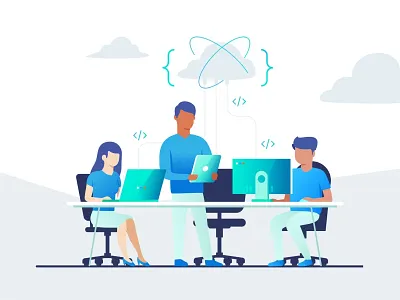 Coder Peoples business people characters cloud coder collaboration gradient ide page sign up tecnology ui website