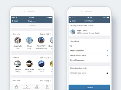 Medical data app - Find trustee and share data app blockchain clinic data design healthcare hospital ios medical share ui ux