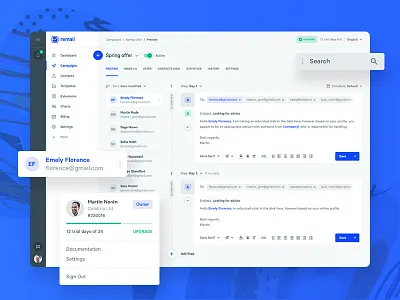 Email campaign preview UI admin campaign cold dashboard design email menu panel side