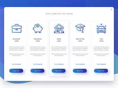 Popup covering 90% of screen-space to show the loan products. apply now business car check education eligibility finance home loan modal personal