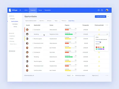 List of commercial opportunities app avatar create crm dashboard filters list progress rollover saas table tooltip tracker