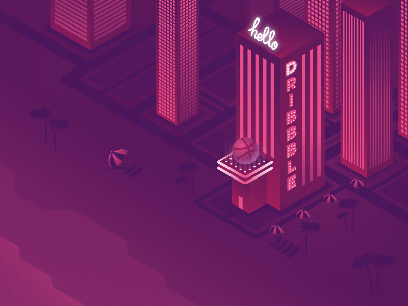 Hello Dribbble Hotel animation beach dribbble first gif hello hotel illustration isometric pink purple shot