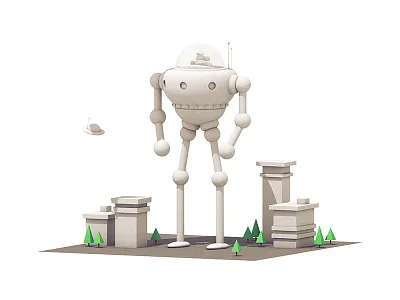 Mech WIP 3d c4d city human mech person render robot scene town trees ufo