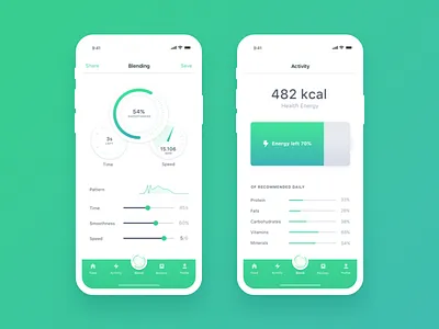Millo App - Blending & Activity blender app design calories fats vitamins kcal energy battery activity minimal clean design mobile app mobile application native ios app settings user profile stats layout design ui ux user interface