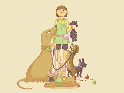 The Dog Walker cartoon character design dachshund dogs french bulldog girl vector woman