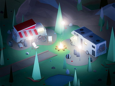 Picnic-night version 3d animation building cars city game illustration isometric landscape low poly lowpoly ui ux. town