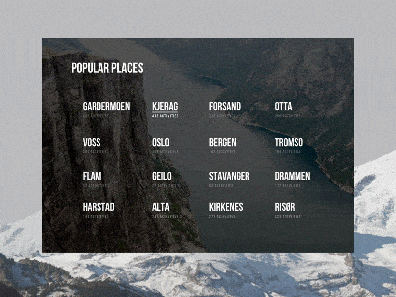 Avidyx - Search in Norway Magnificent Places animation dashboard desktop gif interface landscape mountain nature navigation search sports ugem