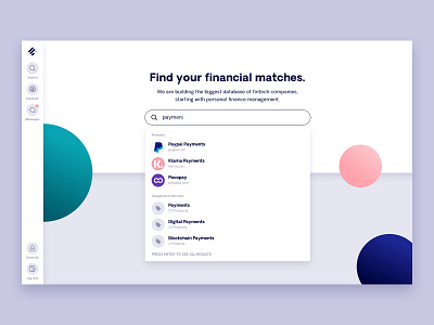 Fintechdb Search app dashboard database elastic fintech product search ui ux