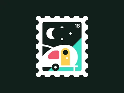 Stamp I: Camping adventure camp flat illustration outdoors postage stamp summer trailer vector