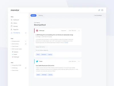 Altinget Monitor platform admin cards clean dashboard desktop feed platform sidebar simple statistics ui