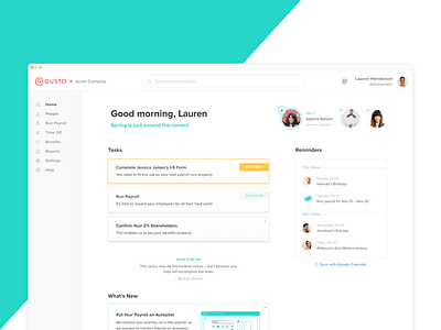 Dashboard exploration calendar clean dashboard gusto hr notifications reminders tasks ui web dashboard