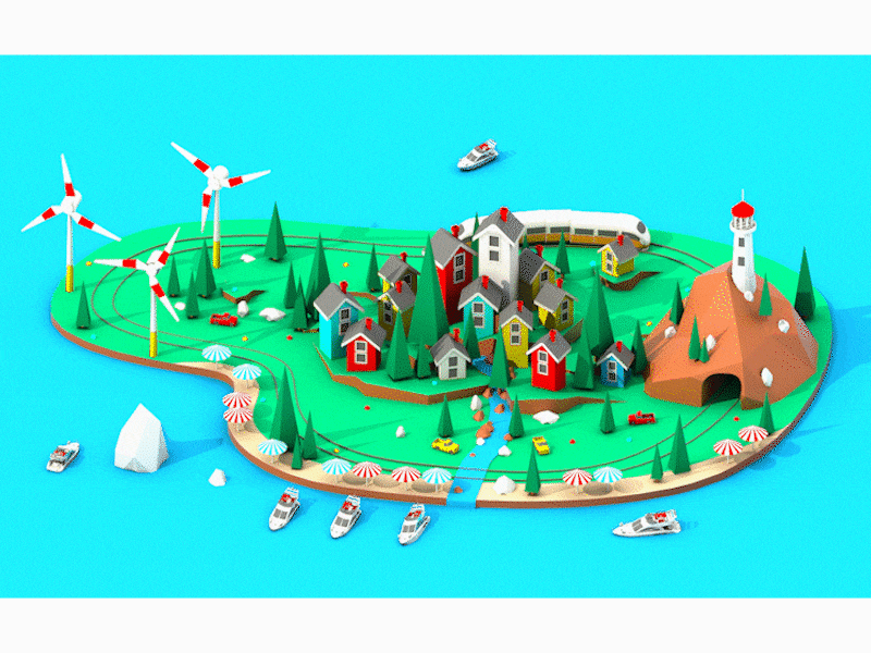 Summer island 3d animation building car city house illustration isometric landscape low poly town train ui ux web design