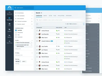 Update to Recruitee Search admin boolean bulk actions buttons filters hiring interface saas search sort by tag ui