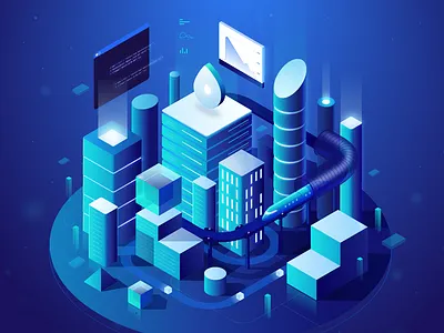 Futuristic City for DigitalOcean 2.5d city data future futuristic illustration illustrator isometric lights neon server vector