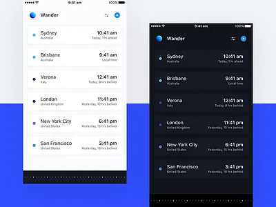 Wander v2 app ios minimal simple timezones ui ux world clock world time