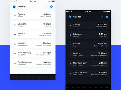 Wander v2 app ios minimal simple timezones ui ux world clock world time