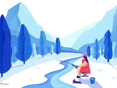 Angling angling blue dog fish illustration snow woods