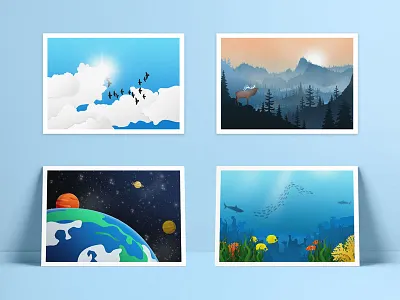 World Illustrations creation fishes illustration illustrations planets sky terra terrain water world