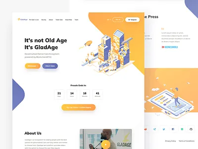 GladAge Landing Page blockchain cryptocurrency blue orange colors buildings ico webpage clean visual minimal design crypto website gladage redesign isometric illustration roadmap toke senior community token page ui ux