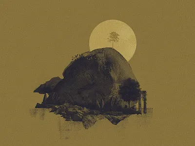 New Growth collage ruins statue sun tree