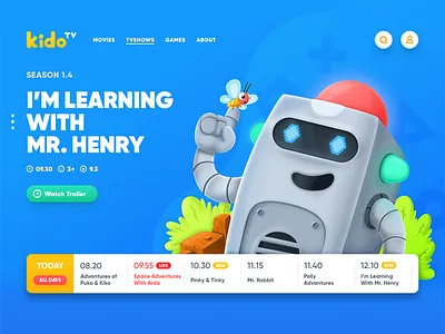 KidoTV_2 cartoon channel concept design fun game kids robot tv ui