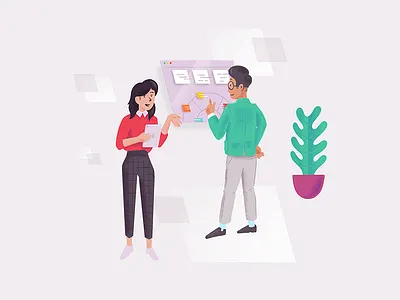 People working with screens character collaborative consulting corporate design illustration office plant scene surface team work