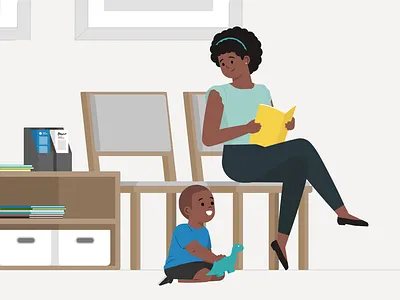 Mother and Son character dino doctors office graphic happy illustration insurance mother playing son vector waiting room