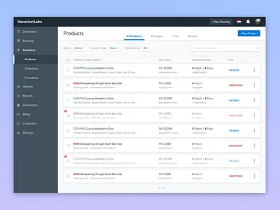 Product List Table admin app cards dashboard data data table filters interface list products search table