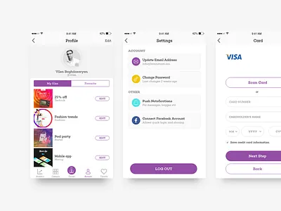 Bloom Profile & Settings add card page app profile app settings master card profile ui scan card settings ui visa