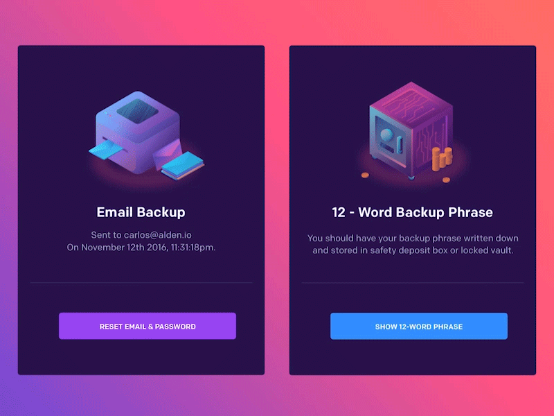 Alden Wallet Backup Icons animation app backup email icon illustration isometric safe scaner wallet