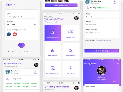 Doctor Appointment App app appointment booking chat consultation doctor health login medical mobile app mobile app design mock up reservation sign in signup ui ui ux design ui design uikit user interface