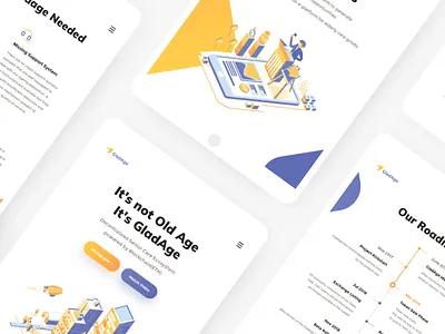 GladAge Tablet blockchain cryptocurrency blue orange colors buildings ico webpage clean visual minimal design crypto website gladage redesign isometric illustration roadmap toke senior community token page ui ux
