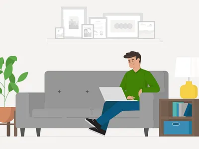 Living Room Scene character furniture graphic happy illustration insurance laptop living room male photos plant vector