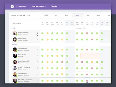 Employee time management calendar check in clock in employee calendar employee table employee time time management ux calendar